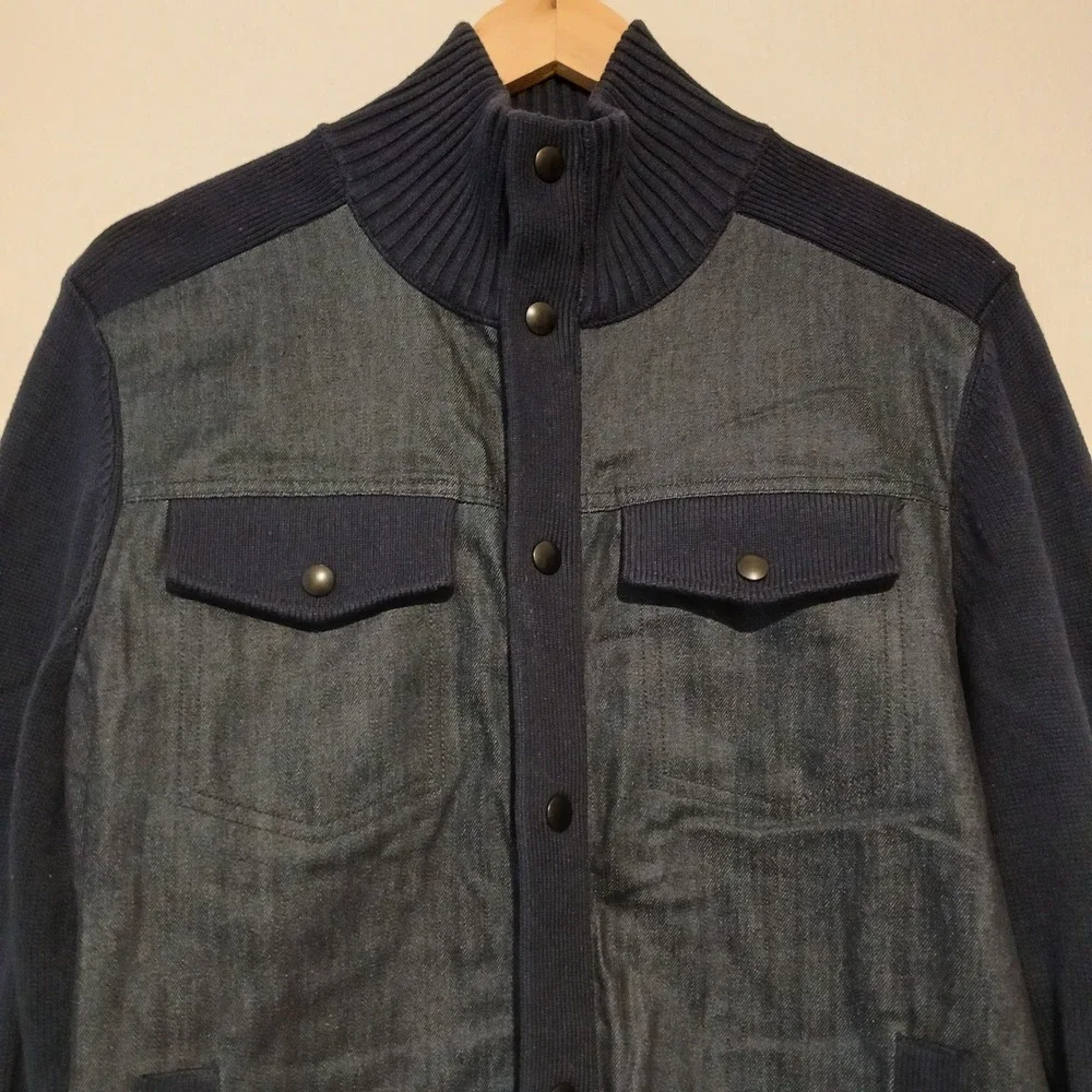 Banana Republic Men Navy Blue Mixed Media Denim Knit Full Zip Jacket Medium NWOT